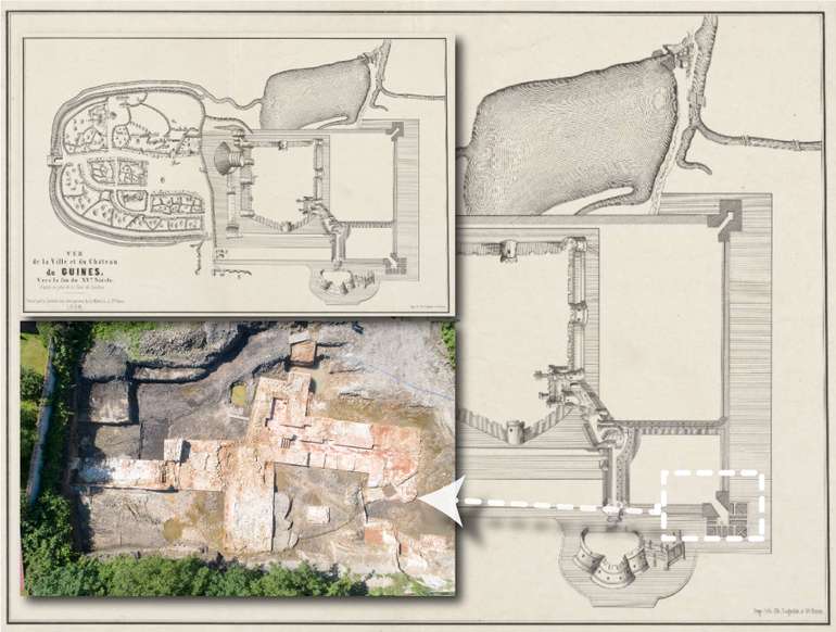 Montage d'une vue aérienne et d'une lithographie représentant les fortifications de Guînes.