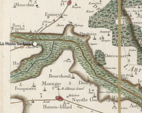 Carte de cassini où l'on peut voir les canaux, les zones inondables à Harnes