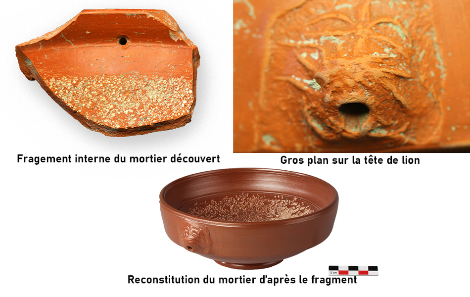 Fragment de mortier et reconstruction d'après les fragments 