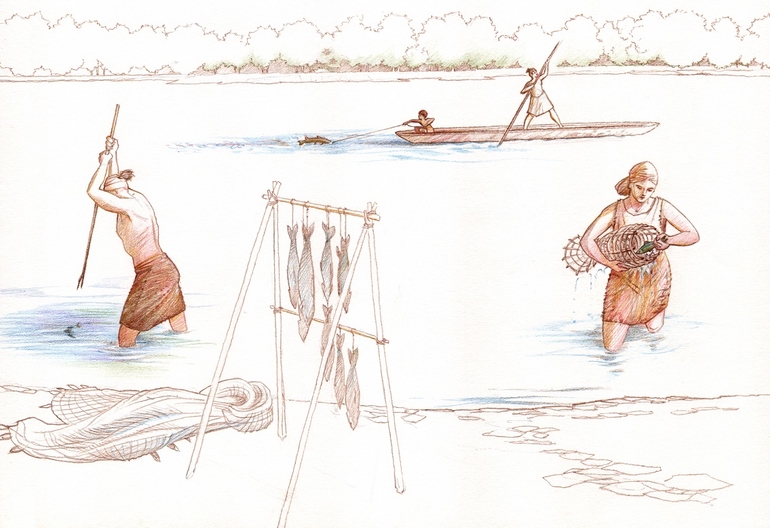 Scène de pêche au mésolithique