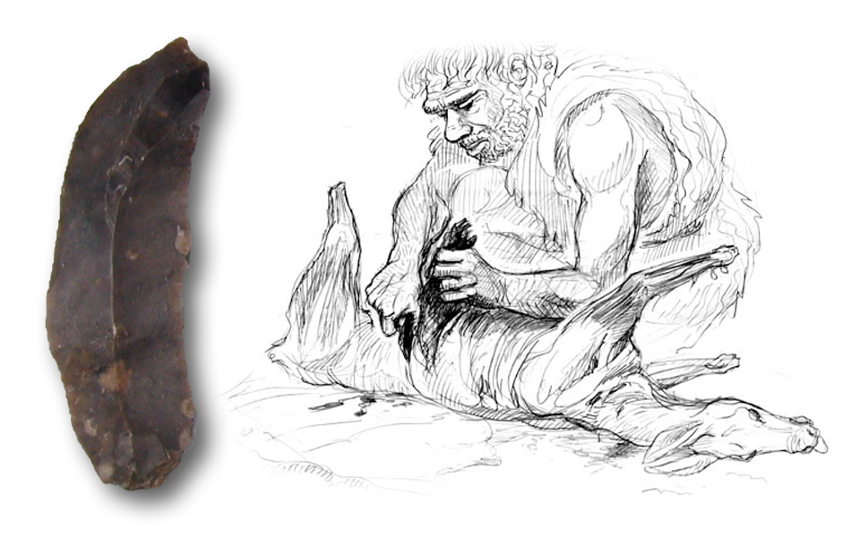 À gauche, photo d’un éclat. À droite, illustration d’un Neandertal découpant le cadavre d’un animal.