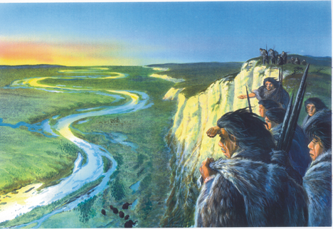 Illustration des hommes de Neandertal cherchant du gibier du haut d’une falaise.