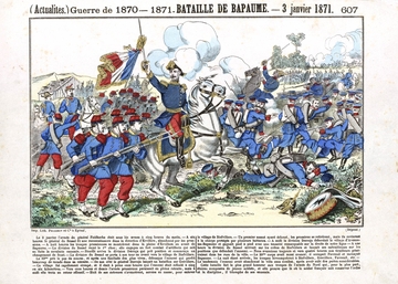 Gravure couleur montrant des soldats sur un champ de bataille.