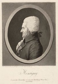 Portrait en médaillon noir et blanc de Pierre Monsigny de profil. Il porte une perruque et un pardessus sur lequel est épinglée la croix de la légion d'honneur. En dessous de ce portrait, on lit "Monsigny. Se vend chez Quenedoy rue neuve des Petits Champs n° 15 à Paris".