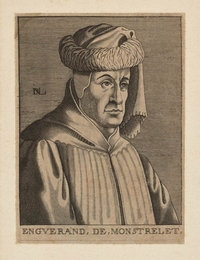 Portrait d'un homme tourné de trois-quart portant une coiffe moyennageuse.
