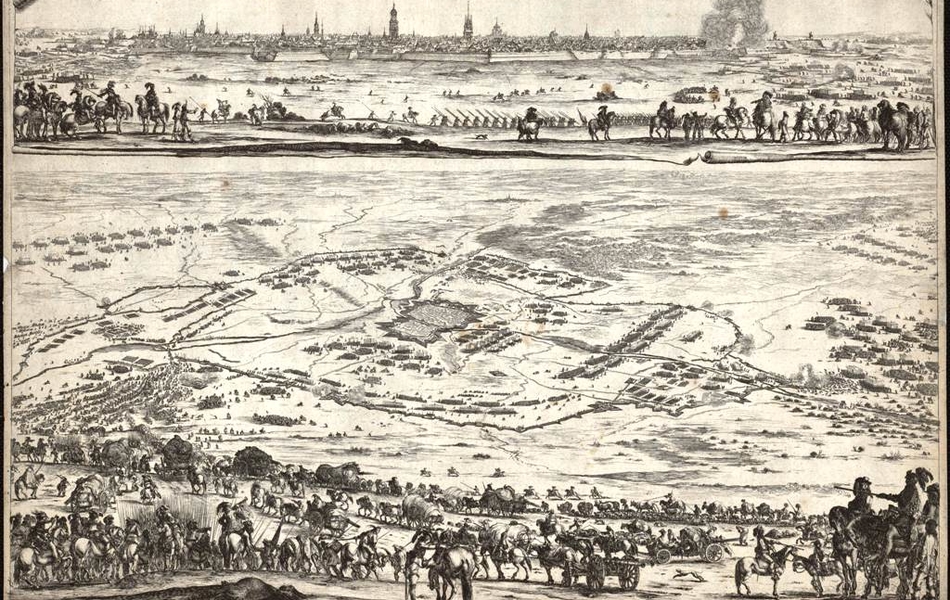 Le haut de cette gravure monochrome nous offre une vue panoramique de la ville avec la brèche. En dessous se trouve un plan cavalier de la ville et du camp fortifié, avec au premier plan un convoi de troupes.