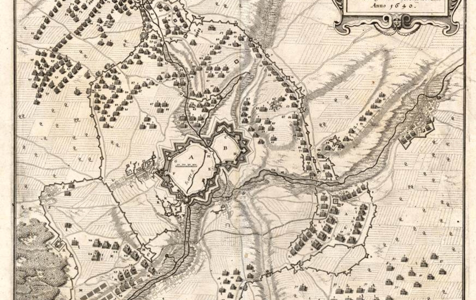 Carte monochrome d'Arras et de sa campagne, montrant la position géographique des troupes durant le siège.