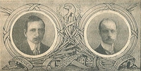 Gravure noir et blanc montrant deux portraits d'hommes en médaillon.