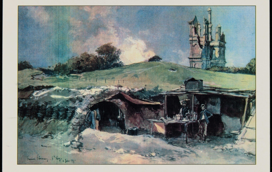 Carte postale couleur montrant un campement militaire de fortune au mied d'une colline d'où on aperçoit les ruines de tours.