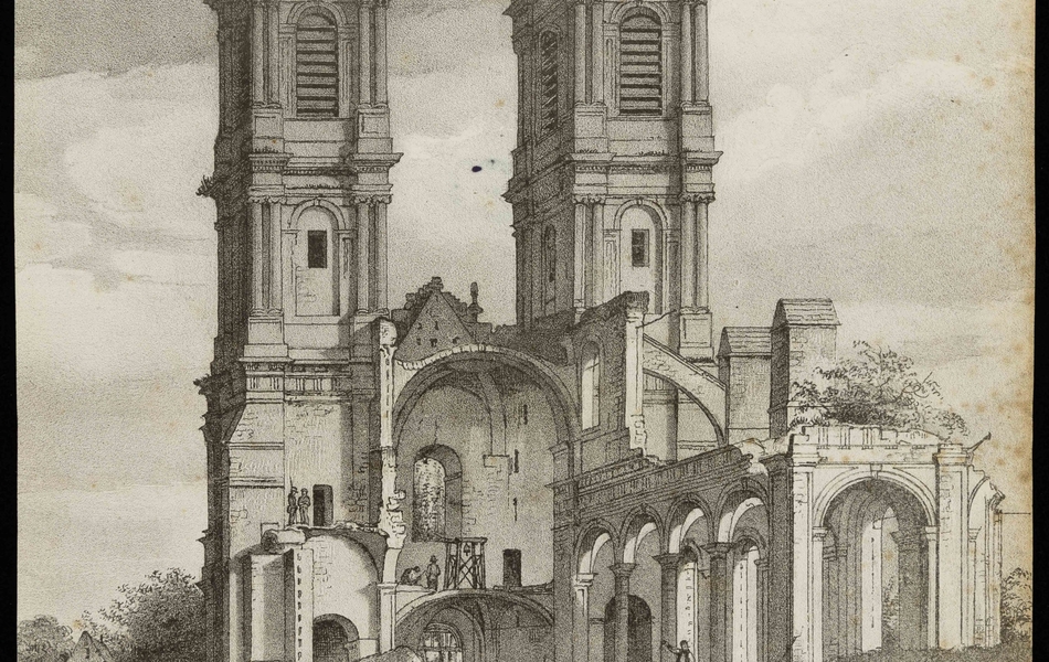 Dessin monochrome montrant deux tours d'une abbaye.