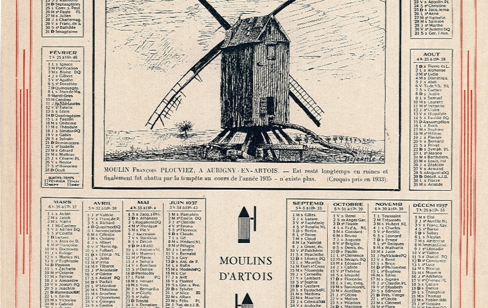 Calendrier sur lequel figurent des moulins.