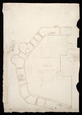 Plan manuscrit de la porte Saint-Nicolas et des abords. Autour, on lit les inscriptions suivantes : "500 pieds par de deux oeuvres" ; "d'épaisseur en bas 31 pieds et en hault 20 pieds".