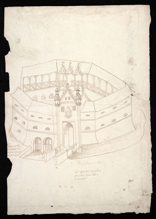 Vue perspective manuscrite de la porte Méaulens. On lit l'inscription suivante à gauche : "baterie sur les fossés de trois étages".