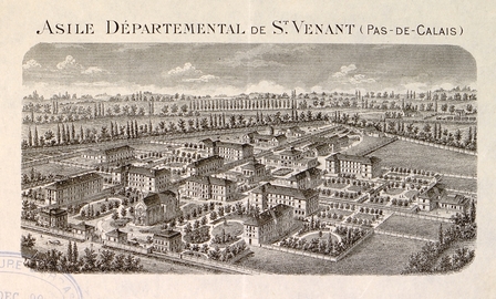 Gravure noir et blanc montrant une vue générale des bâtiments composant l'hospice.