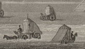 Dessin noir et blanc montrant des tentes en toile posées sur des carrioles tirées par des chevaux, sur la plage et dans la mer.