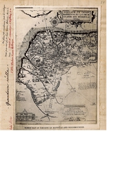 Page de cahier d'écolier sur lequel est collé la reproduction d'une carte ancienne. En-dessous, la légende suivante : "Roman map of the site of mayville and neighbourood".