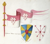 Drapeau blanc et rouge avec deux écus représentant une étoile rouge ; à sa droite est représenté un blason aux mêmes couleurs. 