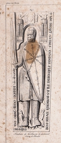 Dessin représentant un gisant vêtu d'une armure, l'épée et le bouclier à la main ; un casque recouvre son visage