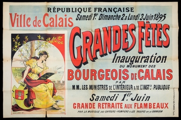 Affiche couleur composée d'un texte annonçant les fêtes d'inauguration et d'un dessin représentant une femme assise lisant les "Annales de Calais".