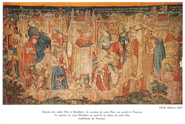 Photographie couleur montrant une tapisserie composée de scènes religieuses.