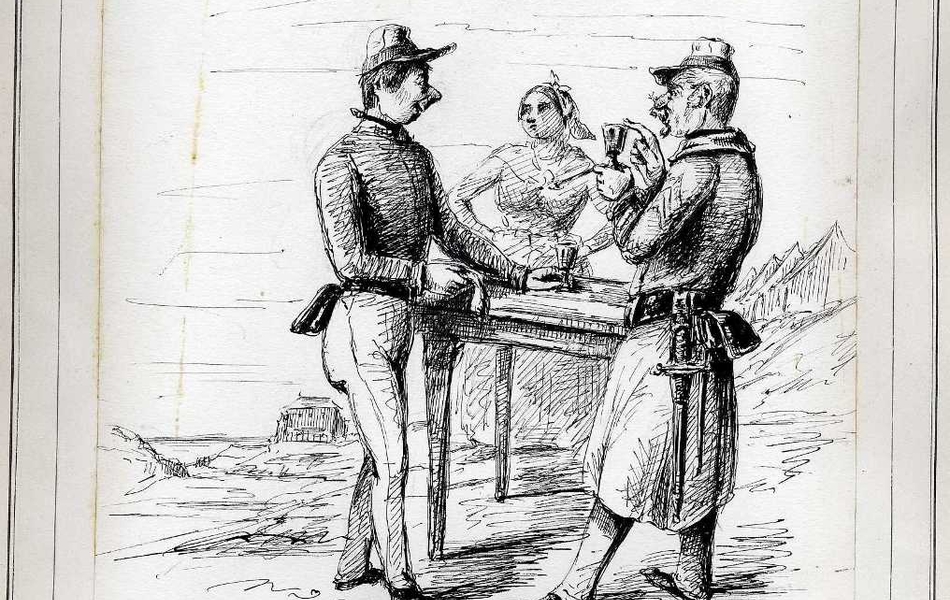 Dessin noir et blanc montrant deux soldats buvant un verre autour d'une table à l'extérieur. Une domestique se trouve de l'autre côté de la table 