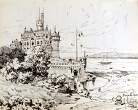 Paysage dessiné à la plume où figure un château situé au bord de l’eau.