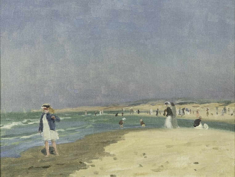 huile sur toile de Charles Emmanuel Roussel représentant la plage du Touquet où quelques estivants, de bleu et blanc vêtus, se baladent