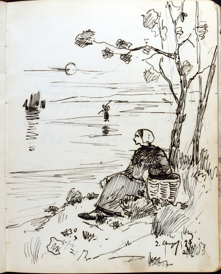 page du livre d'or de Dorothy Whitley montrant le dessin d'une pêcheuse de la côte d'opale, croqué par Eugène Chigot à la Belle Epoque