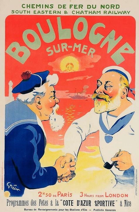 affiche du chemin de fer du Nord faisant la promotion de Boulogne-sur-Mer, terre franco-anglaise, montrant M. Fallière et Edward VII se serrant la main 