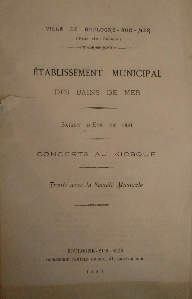 Couverture du programme de divertissements proposés à la Belle Epoque dans l'établissement de bains de mer de Boulogne-sur-Mer