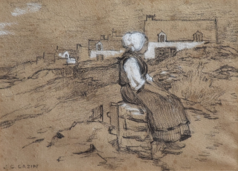 dessin de Cazin représentant une jeune habitant d'Equihen assise sur une barrière contemplant le paysage ou attendant quelqu'un
