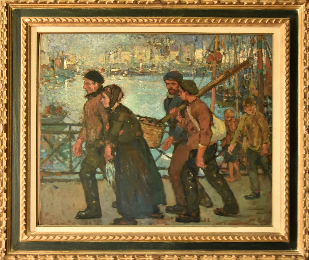 huile sur carton représentant des pêcheurs revenant d'une journée de travail dans le port de Boulogne-sur-Mer