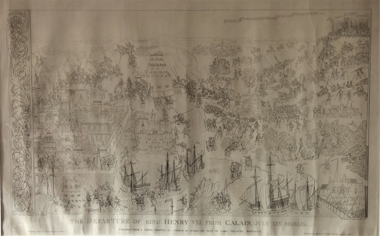 photo représentant un détail de la gravure des troupes anglaises quittant Calais en 1544 pour envahir la côte d'Opale