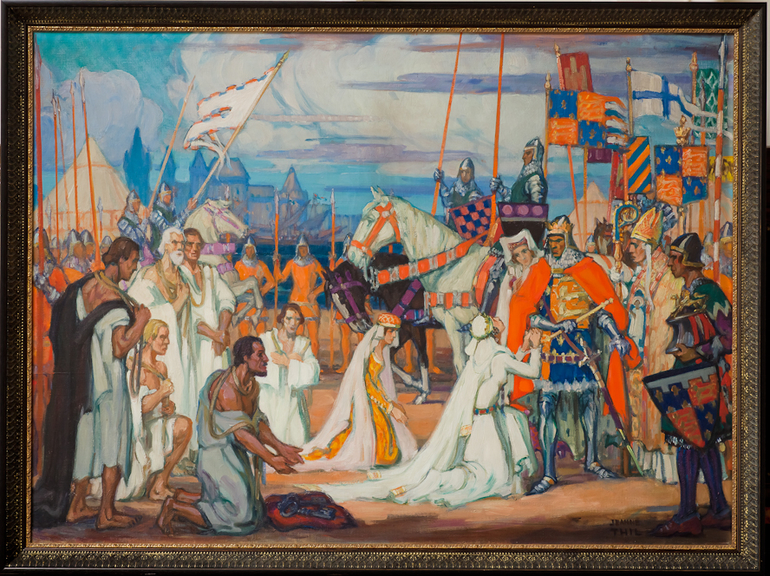 tableau représentant la reine d'Angleterre Philippa de Hainaut implorant le roi d'épargner les bourgeois de Calais