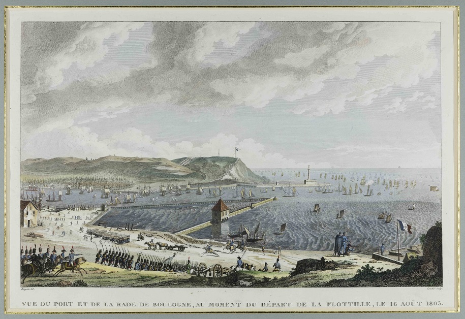 gravure montrant le port de Boulogne et les manœuvres militaires terrestres et maritimes durant le camp de Boulogne en 1803